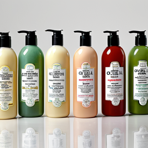 **Pet Grooming Products:** A collection of natural pet shampoos and conditioners with ingredients like aloe vera and oatmeal, displayed with safety certifications.