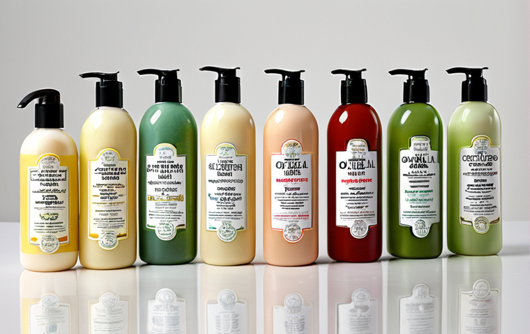 **Pet Grooming Products:** A collection of natural pet shampoos and conditioners with ingredients like aloe vera and oatmeal, displayed with safety certifications.