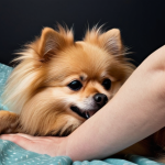 A small, fluffy dog (like a Pomeranian) lying down, appearing restless and slightly uncomfortable, with a subtle cough or shallow panting. A human hand is gently resting near the dog, conveying a sense of concern and watchful care. The scene is indoors, perhaps at night.