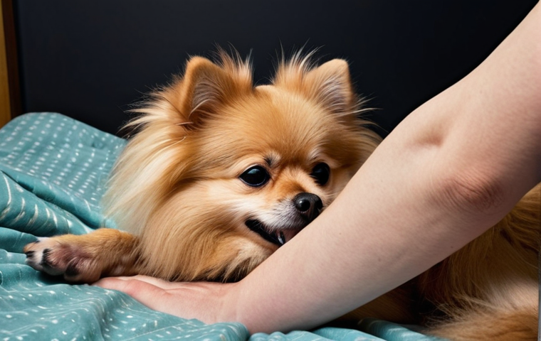 A small, fluffy dog (like a Pomeranian) lying down, appearing restless and slightly uncomfortable, with a subtle cough or shallow panting. A human hand is gently resting near the dog, conveying a sense of concern and watchful care. The scene is indoors, perhaps at night.