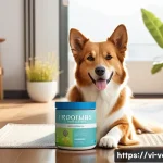 Home 17 반려동물 유산균 선택법 - A detailed and vibrant illustration of a happy Vietnamese home setting featuring a healthy adult dog...