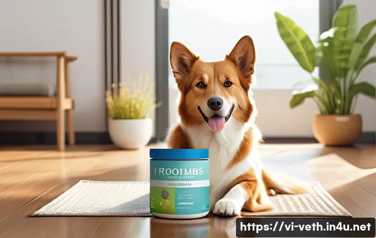 반려동물 유산균 선택법 - A detailed and vibrant illustration of a happy Vietnamese home setting featuring a healthy adult dog...