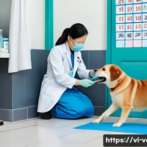 Home 28 강아지 예방접종 부작용 - A gentle scene depicting a Vietnamese family veterinarian clinic interior, with a calm adult Vietnam...