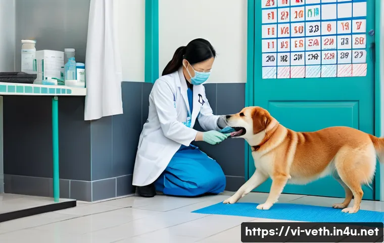 강아지 예방접종 부작용 - A gentle scene depicting a Vietnamese family veterinarian clinic interior, with a calm adult Vietnam...