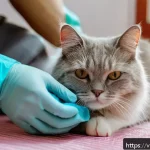 Home 21 고양이 결막염 치료 방법 - A close-up of a domestic Vietnamese cat wearing a clean diaper, sitting calmly while a person gently...