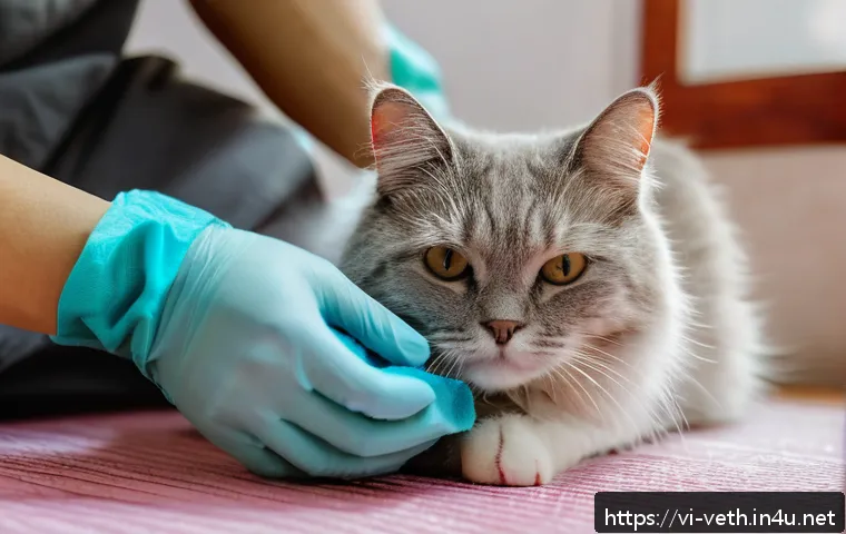 고양이 결막염 치료 방법 - A close-up of a domestic Vietnamese cat wearing a clean diaper, sitting calmly while a person gently...