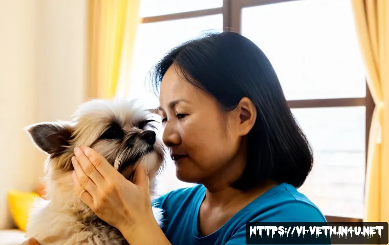Home 17 강아지 알러지 증상과 치료 - Photorealistic Vietnamese family living room, a small fluffy dog beside a middle-aged Vietnamese wom...